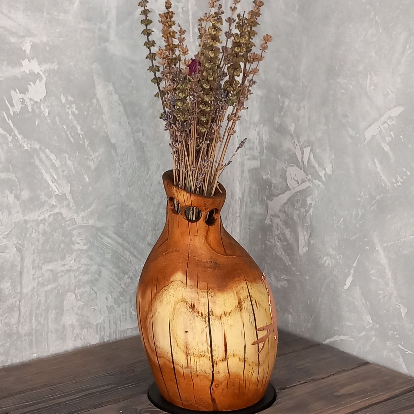 Copper Owl Mulberry Wood Amphora Vase