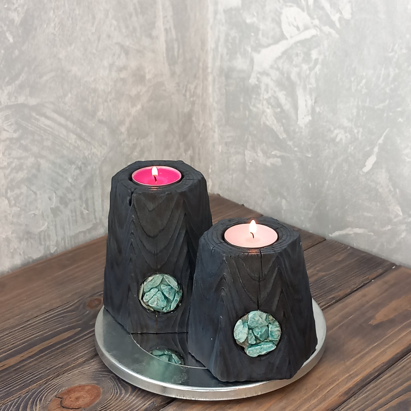 Set of 2 Mosaic Yakisugi Candle Holders