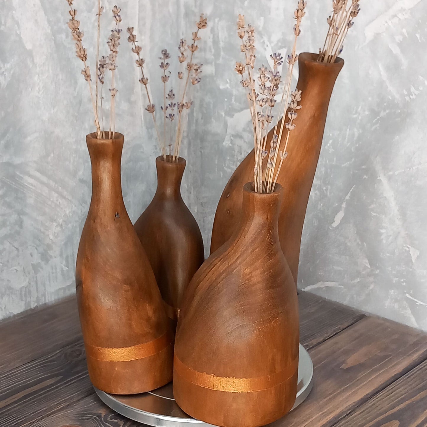 Set of 4 Gold Line Walnut Vases