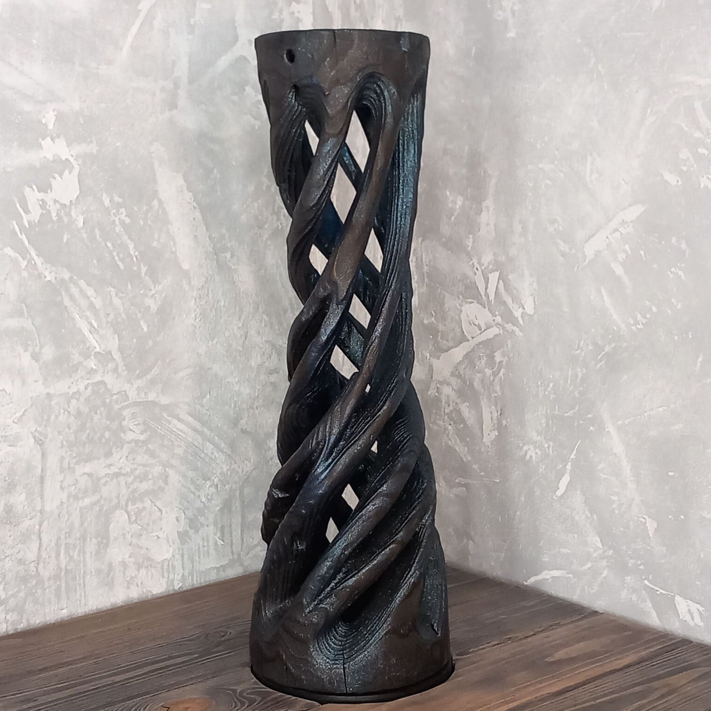 Tall Black Spiral Vase Shou Sugi Ban Technique