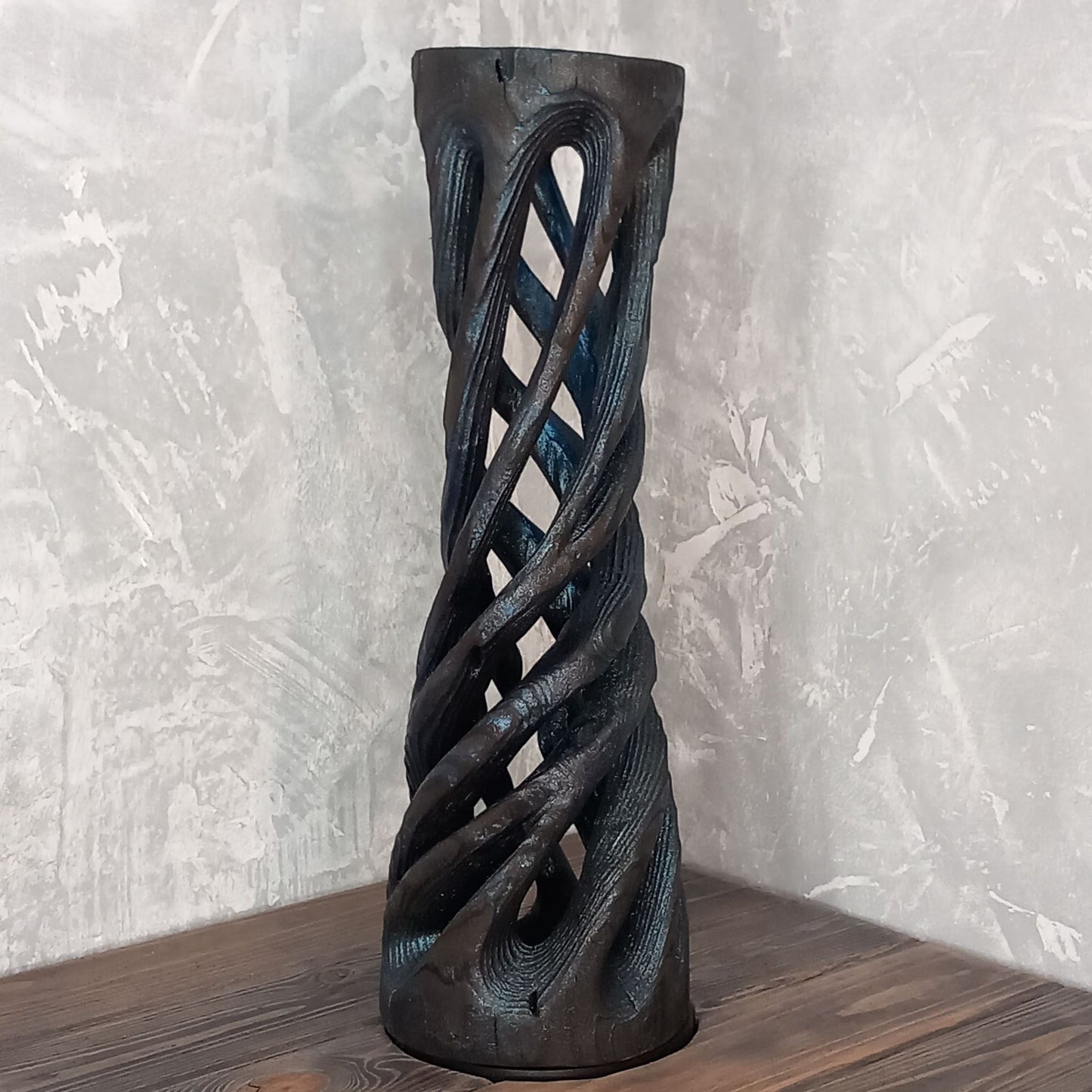 Tall Black Spiral Vase Shou Sugi Ban Technique