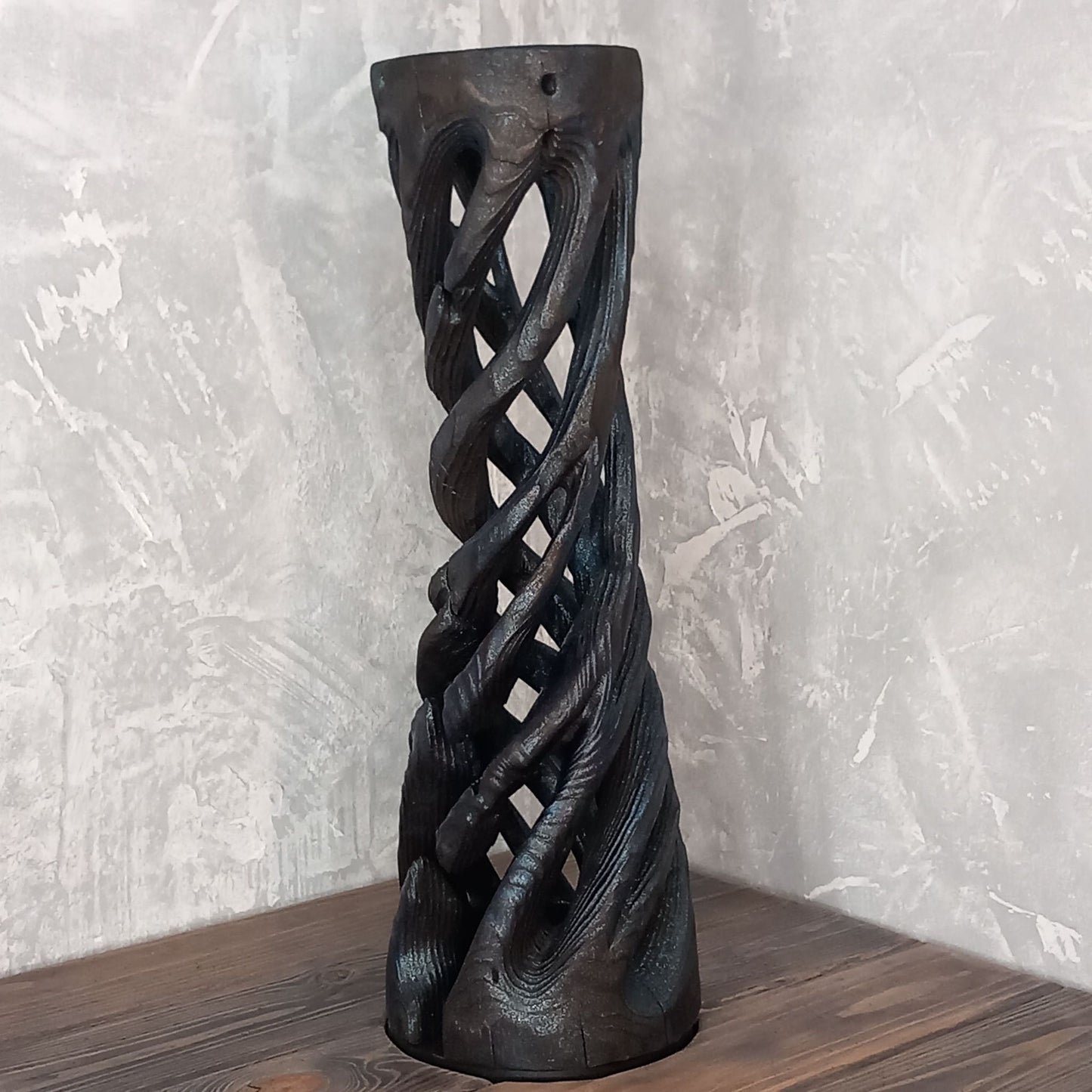 Tall Black Spiral Vase Shou Sugi Ban Technique