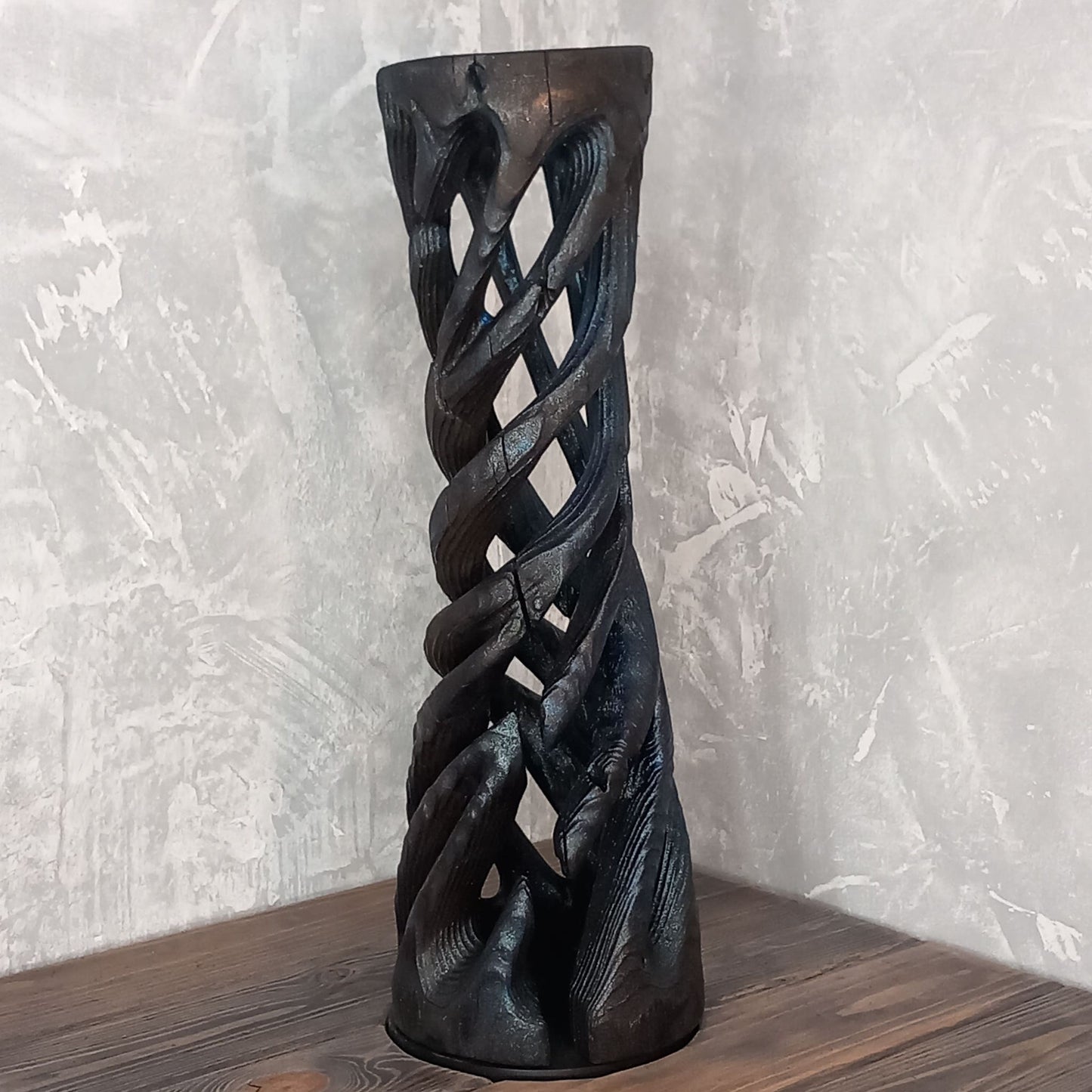 Tall Black Spiral Vase Shou Sugi Ban Technique