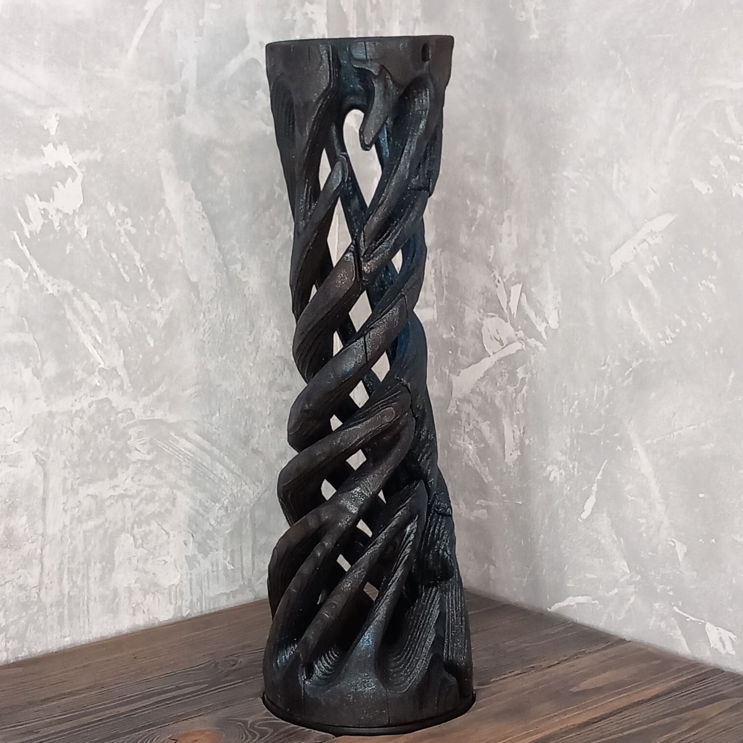 Tall Black Spiral Vase Shou Sugi Ban Technique