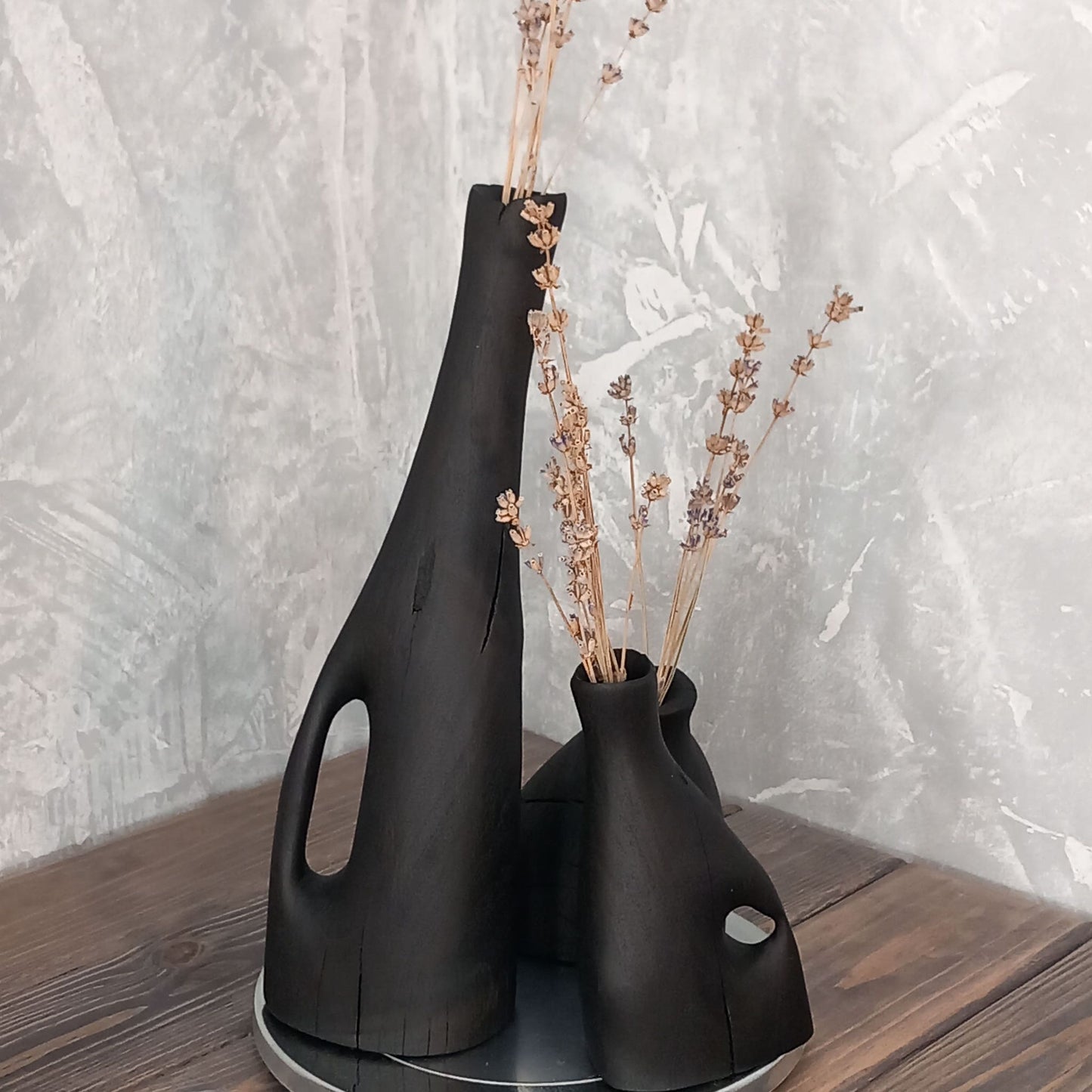 Set of 3 Black Yakisugi Vases