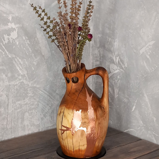 Copper Owl Mulberry Wood Amphora Vase