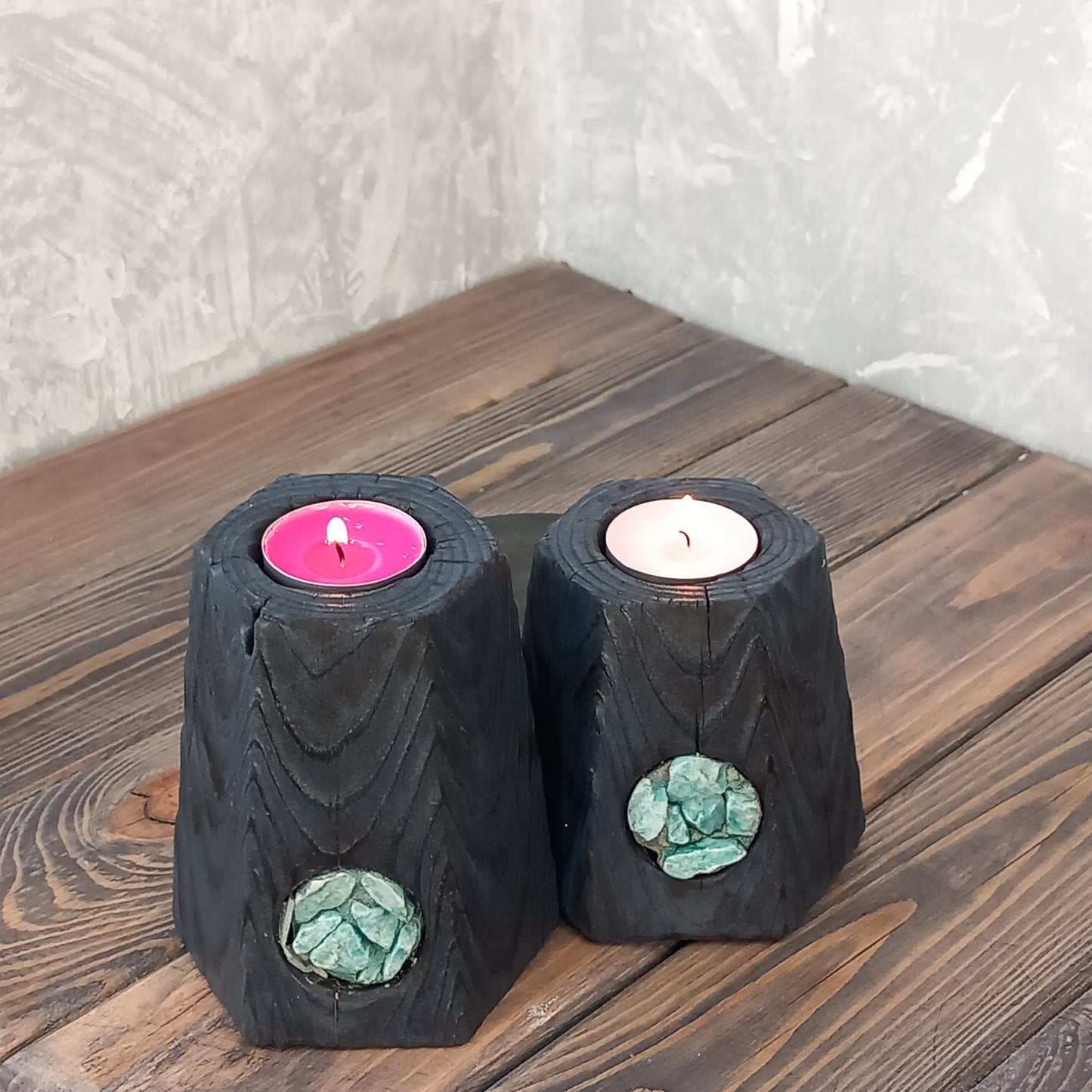 Set of 2 Mosaic Yakisugi Candle Holders
