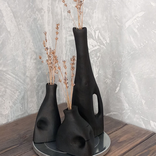 Set of 3 Black Yakisugi Vases