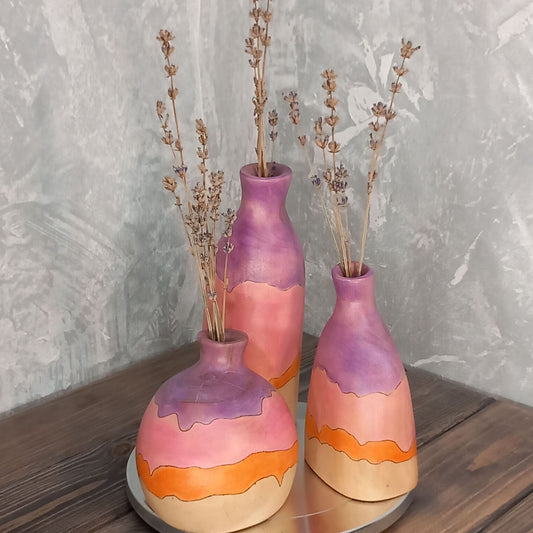 Set of 3 Psychedelic Colorful Walnut Vases